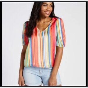 Drew top blouse size small rainbow metallic striped puff short sleeve multi red